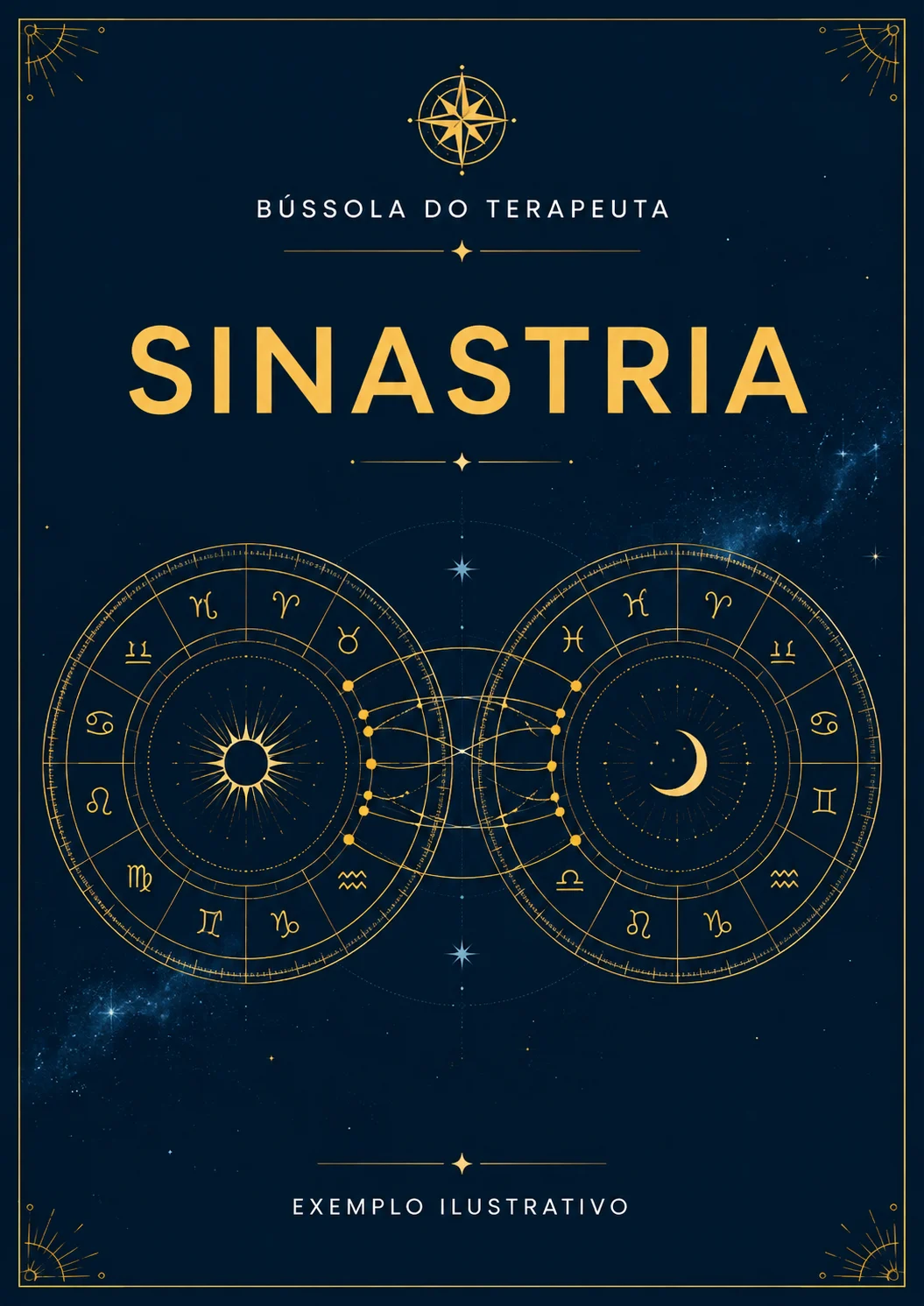 Amostra ilustrativa da capa de um relatório de Sinastria em azul-marinho e dourado